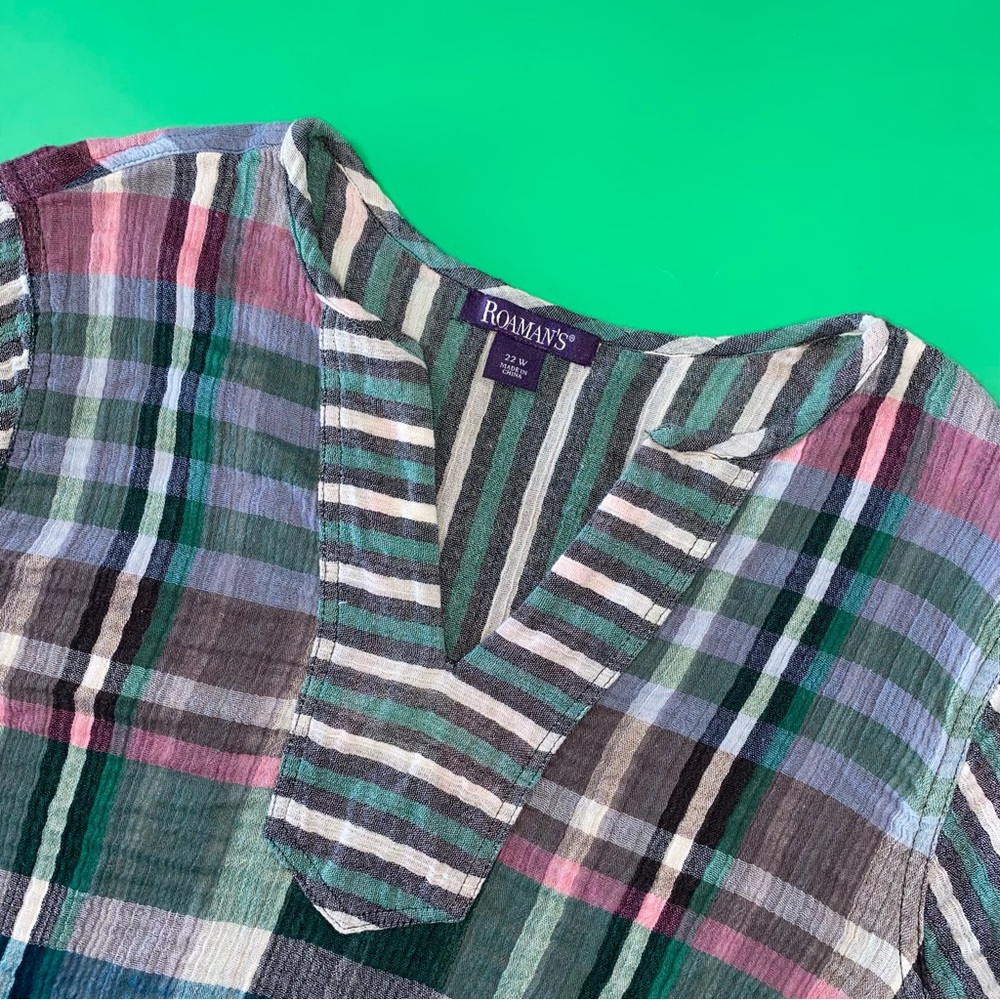 Roaman's Womens 22W Tunic Top‎ Plaid Striped Long Sleeve Fringed Hem